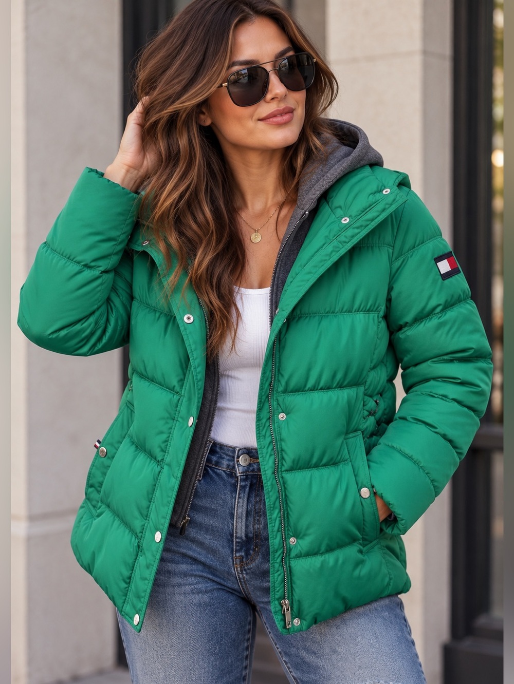 Tommy Hilfiger Green Puffer Jacket Removable Hoodie Coat L